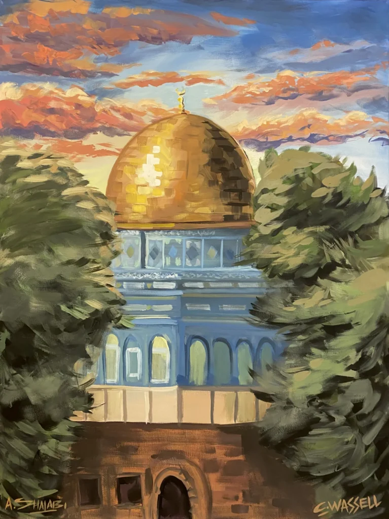 Dome at Sunset, painting by Caleb Wassell and Abid Shalabi: the Dome of the Rock under a sunset sky, framed by trees in Jerusalem, Palestine.