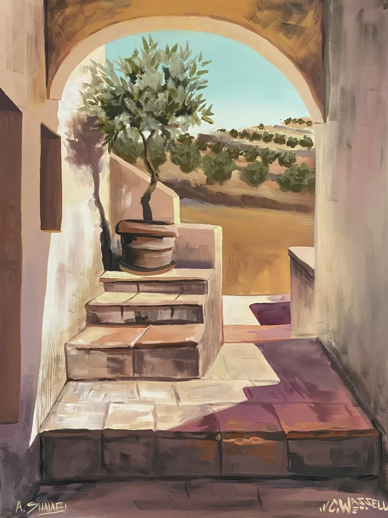 Through the Archway, painting by Caleb Wassell and Abid Shalabi: a stone archway opening onto steps, a potted olive tree, and distant hills in Palestine.