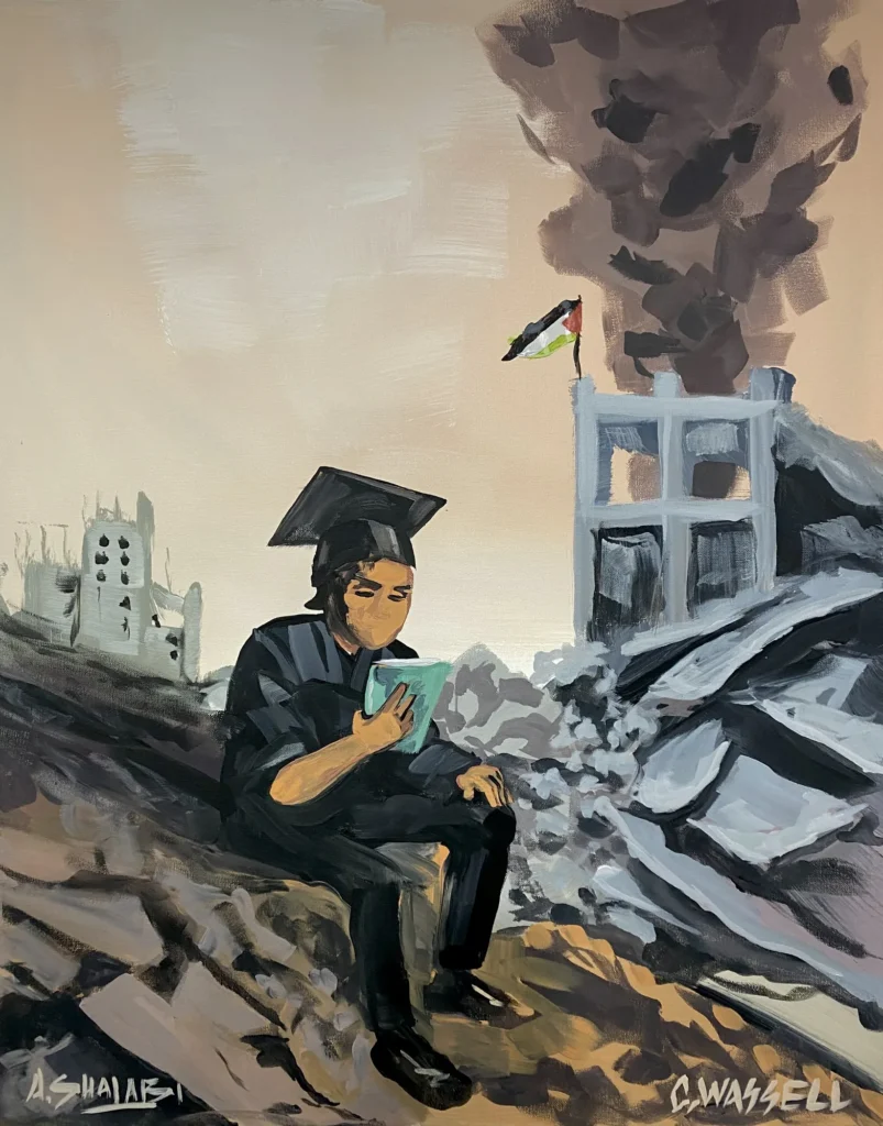 Graduation in the Rubble, painting by Caleb Wassell and Abid Shalabi: a graduate in cap and gown reading on rubble beside a bombed building in Gaza flying a Palestinian flag.