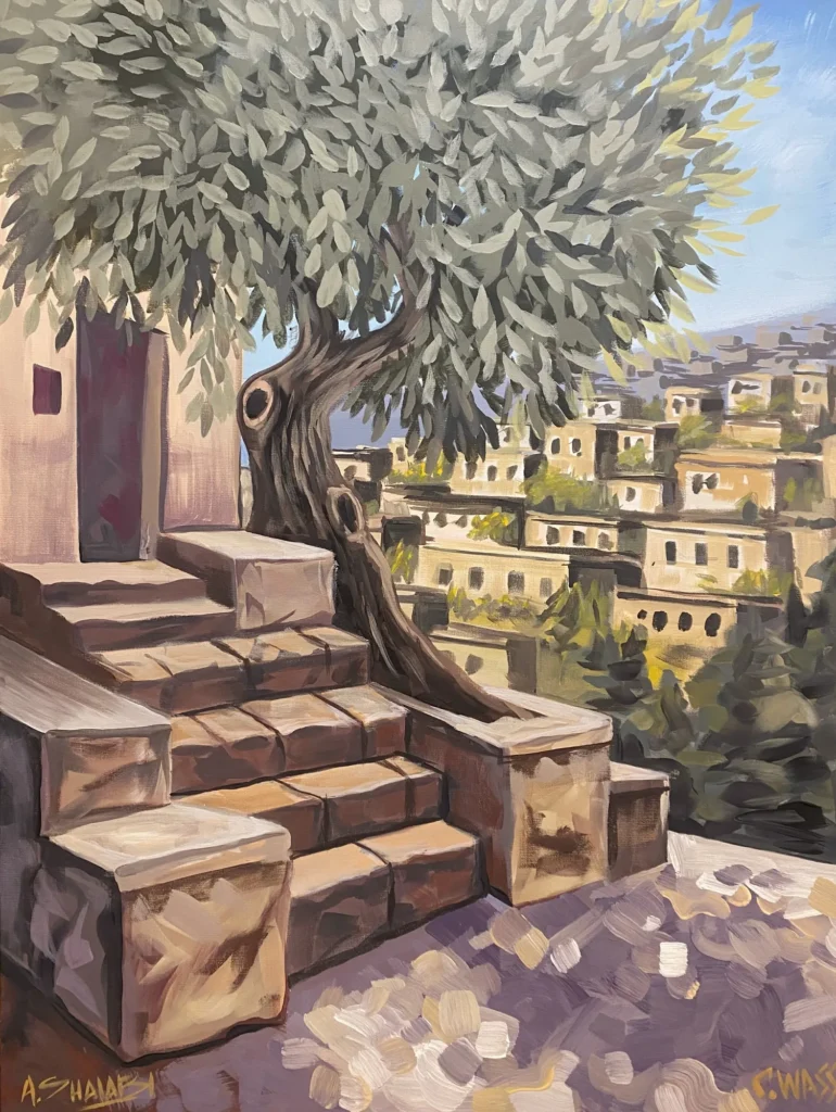 Steps Above the Village, painting by Caleb Wassell and Abid Shalabi: stone steps beneath an olive tree overlooking Ein Karem village in Jerusalem, Palestine.