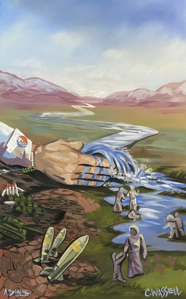 Feed the People, Not the Pentagon, painting by Caleb Wassell and Abid Shalabi: a hand with a vote badge pours a river down to a valley where muslim people walk, with spent shells in a dry stream.