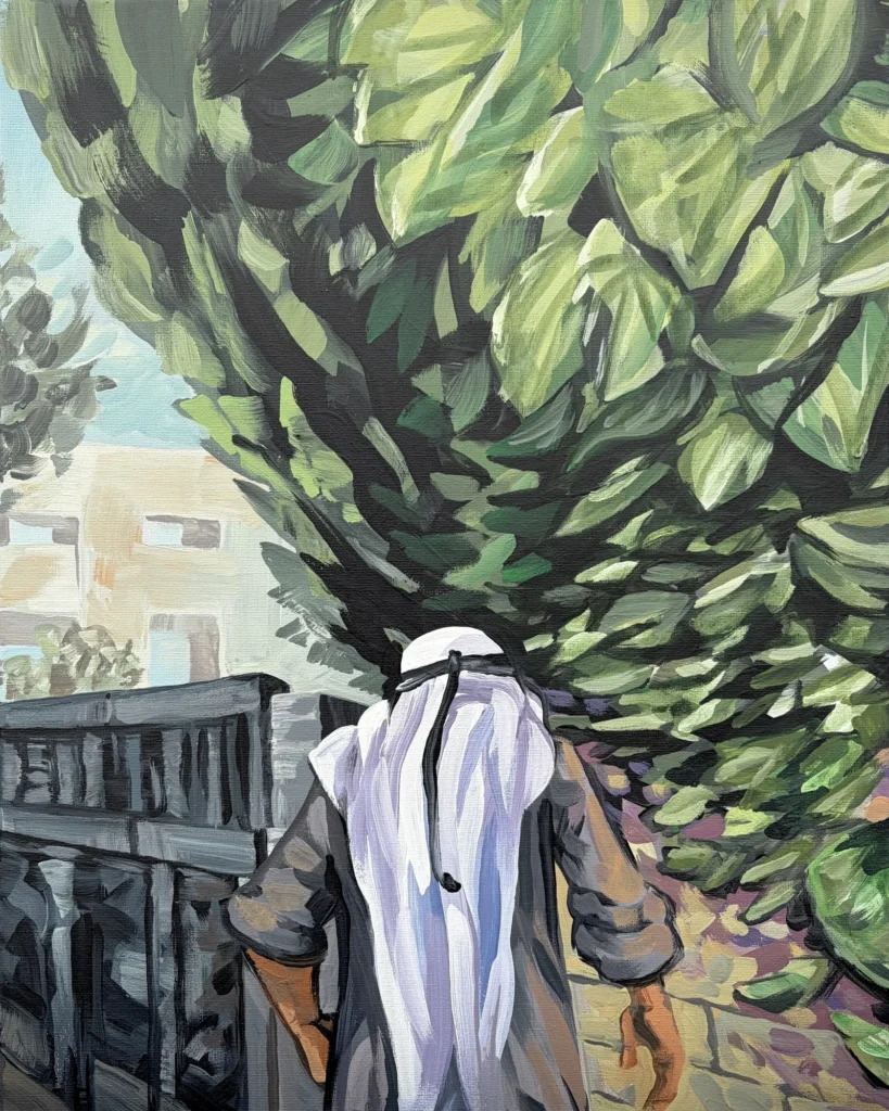 The Walk Home, painting by Caleb Wassell: a man in a white keffiyeh walking along a wall beneath a large leafy tree in Palestine.