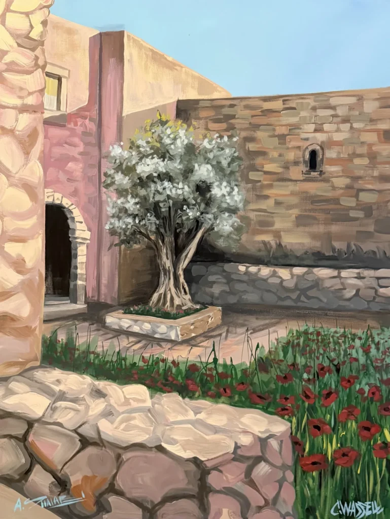 Poppies in the Courtyard, painting by Caleb Wassell: an olive tree in a stone courtyard with red poppies in Palestine.