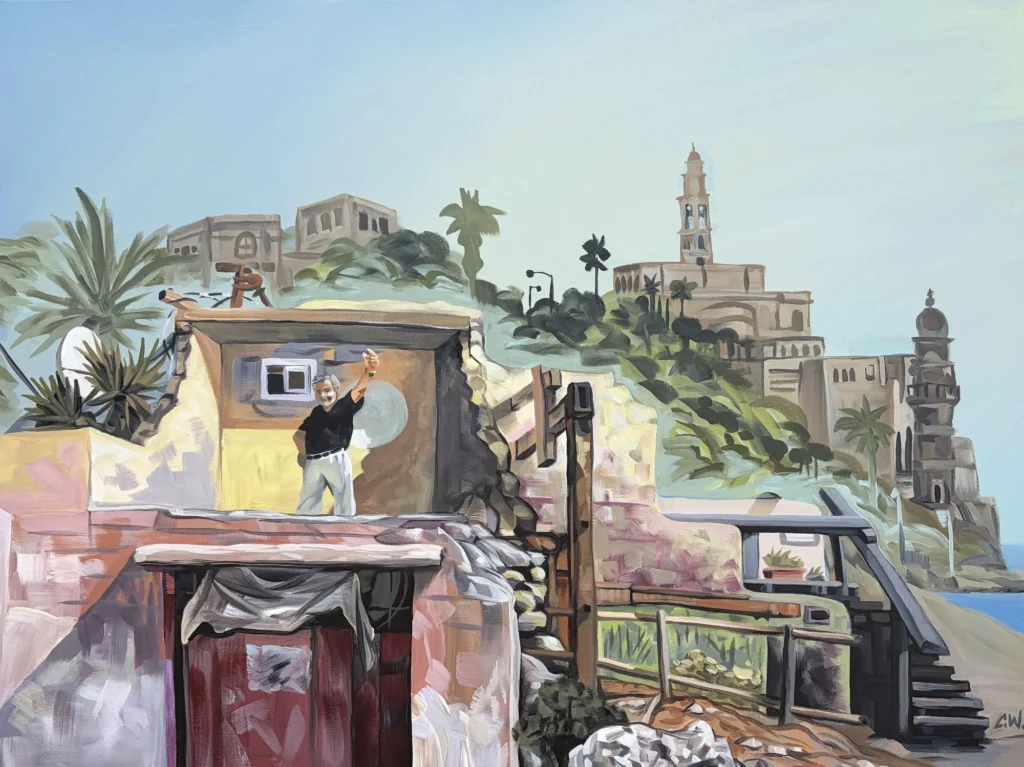Old City by the Sea, Yaffa in Palestine, painting by Caleb Wassell: a coastal old city with a minaret and clock tower rising above a ruined house.