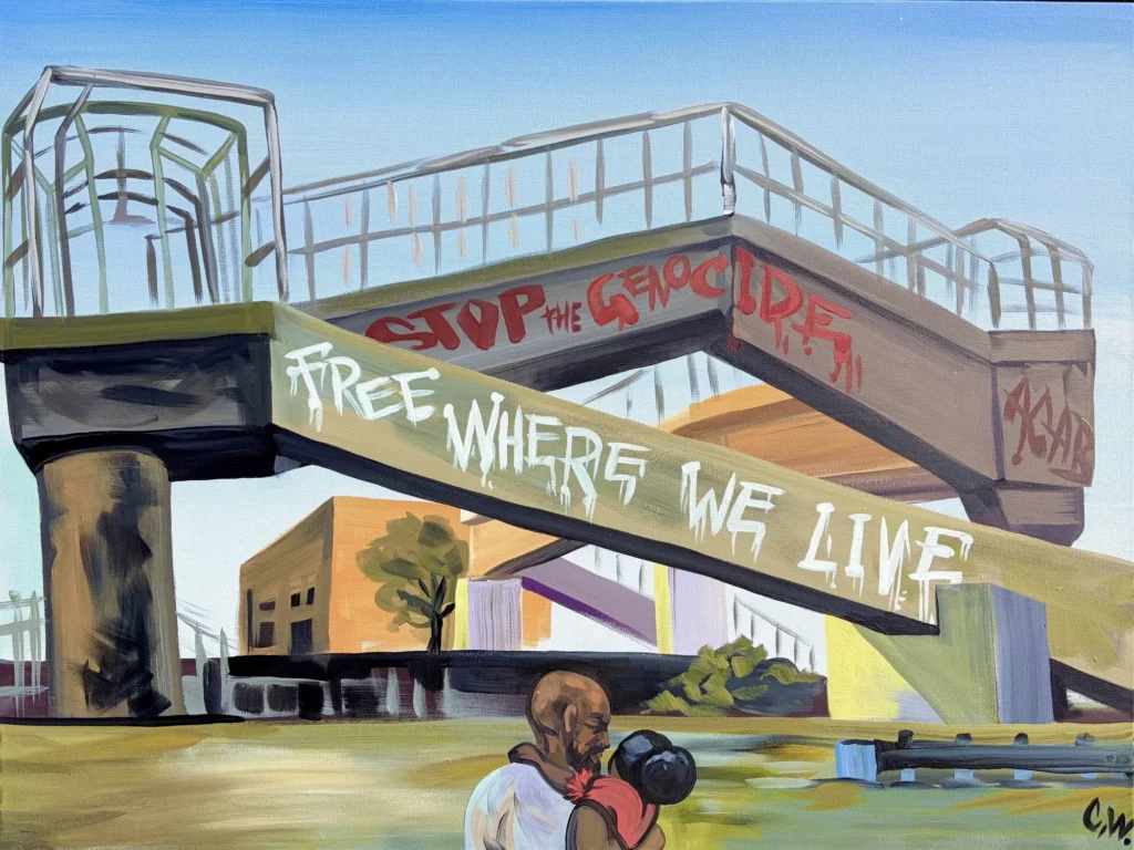 Free Where We Live, painting by Caleb Wassell: a child hugs an adult beneath a footbridge graffitied with "Free where we live."