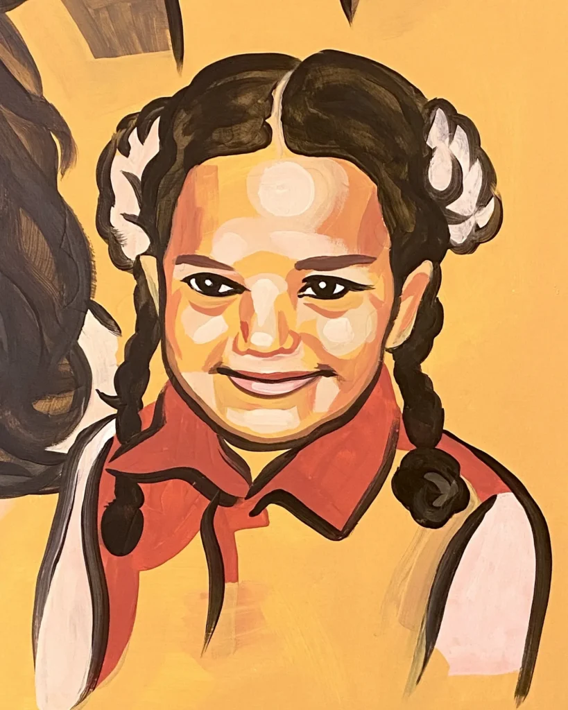 Hind Rajab, Martyrs & Heroes, Portrait, portrait by Caleb Wassell: a smiling Palestinian girl with braided pigtails in a red-collared school uniform.