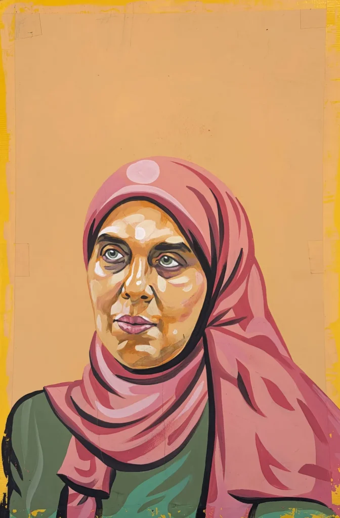 Amira Assouli, Martyrs & Heroes, Portrait by Caleb Wassell: a Palestinian woman doctor in a pink headscarf on a warm tan background.