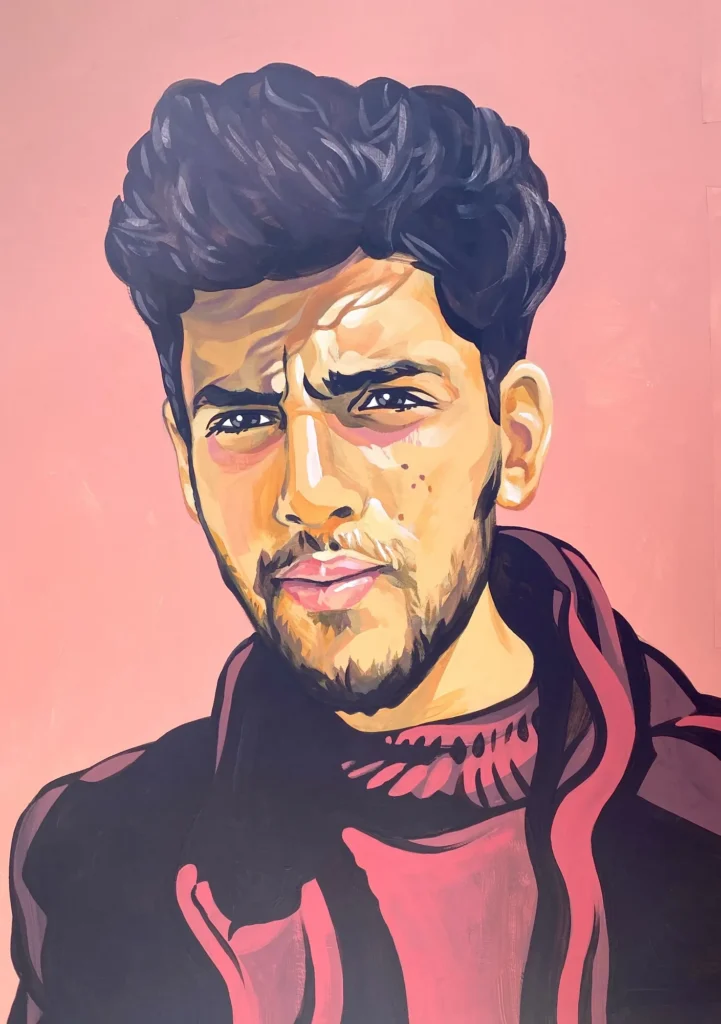 Shaban al-Dalou, Martyrs & Heroes, Portrait by Caleb Wassell: a young Palestinian man with dark wavy hair in a red sweater on a pink background.