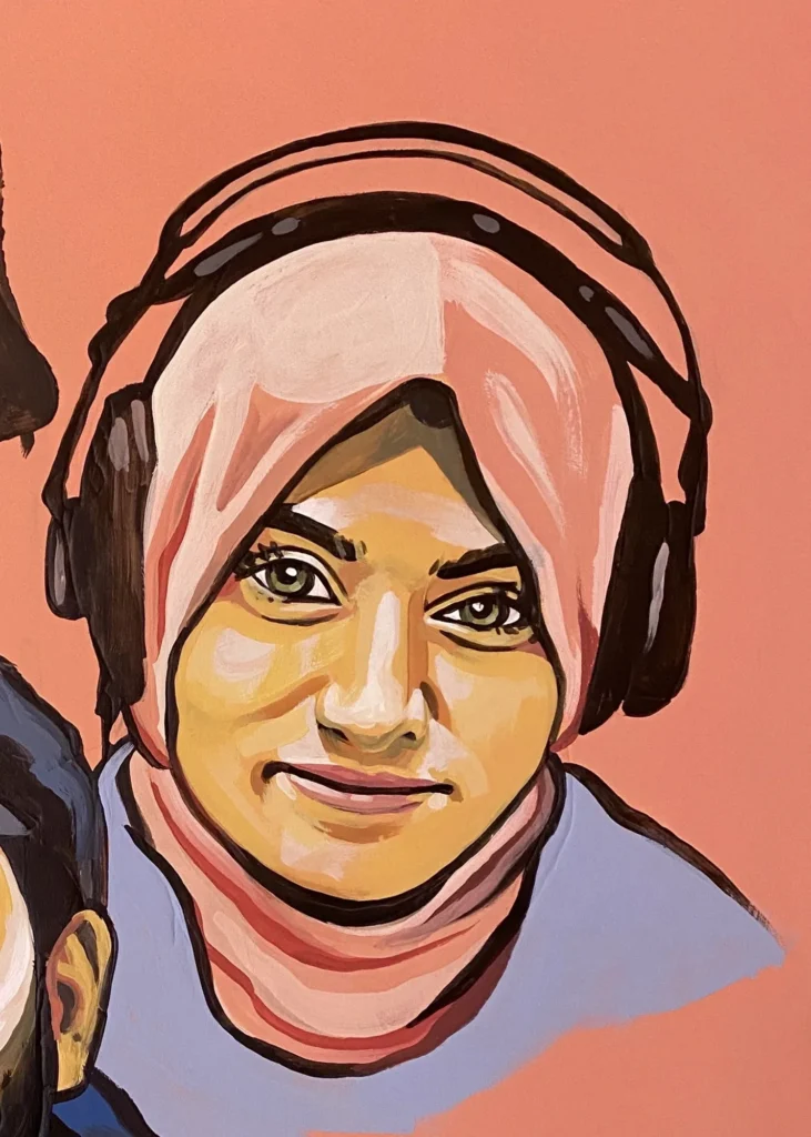 Duaa Sharaf, Martyrs & Heroes, Portrait by Caleb Wassell: a Palestinian woman in a pink headscarf wearing headphones.