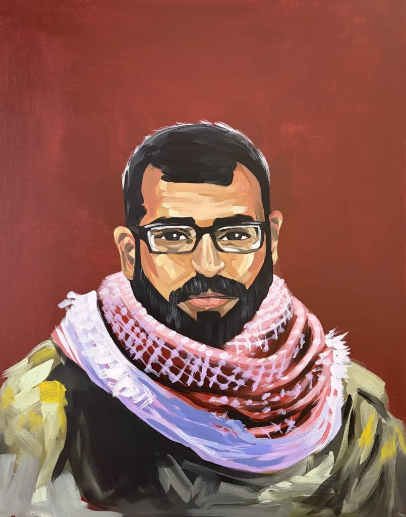 Bassel al-Araj, Martyrs & Heroes, Portrait by Caleb Wassell and Abid Shalabi: a bearded Palestinian man in glasses wearing a red-and-white keffiyeh.