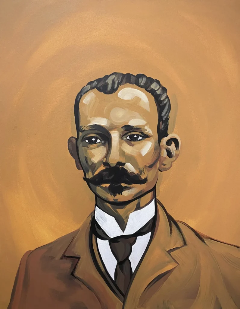 Jose Marti, Martyrs & Heroes, Portrait by Caleb Wassell: a mustached Cuban man in a high collar and tie, in sepia tones.