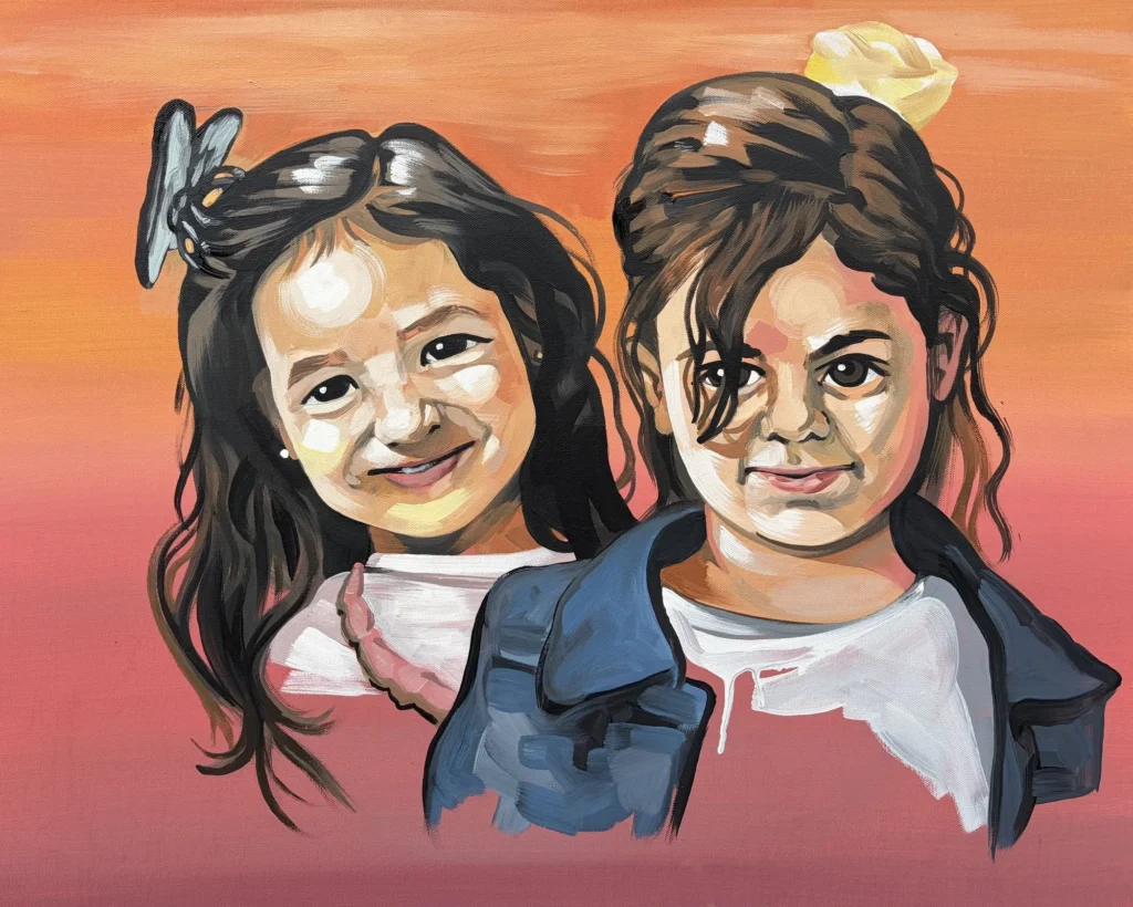 Martyrs & Heroes in Palestine, Layan & Raghad, portrait by Caleb Wassell: two smiling young girls side by side against a sunset sky.