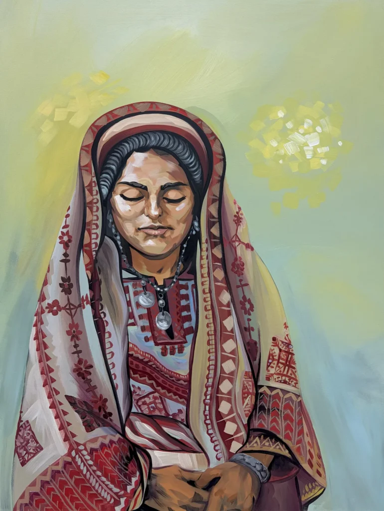 Memory, painting by Caleb Wassell: a Palestinian woman in an embroidered red thobe and headscarf with her eyes lowered.