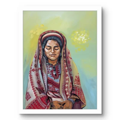 Memory fine art print by Caleb Wassell: a Palestinian woman in an embroidered red thobe and headscarf with her eyes closed, shown framed.