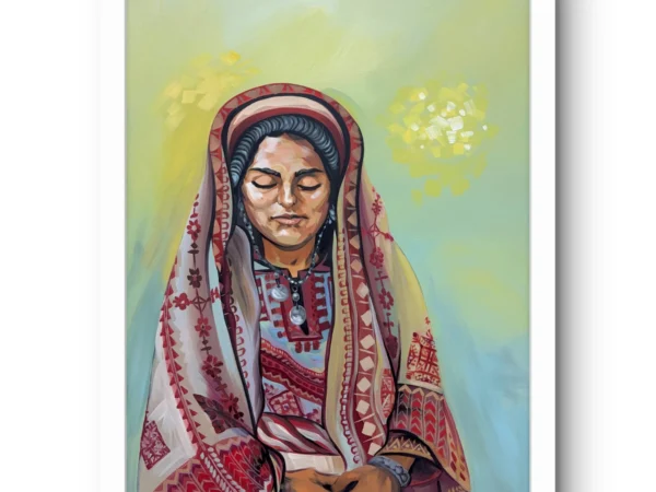 Memory fine art print by Caleb Wassell: a Palestinian woman in an embroidered red thobe and headscarf with her eyes closed, shown framed.