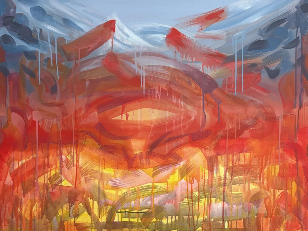 Minab, painting by Caleb Wassell: red and orange forms with long drips beneath blue-gray peaks, abstract.