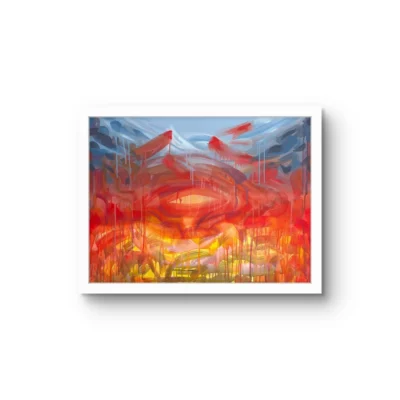 Minab fine art print by Caleb Wassell: red and orange forms with long drips beneath blue-gray peaks, abstract, shown framed.