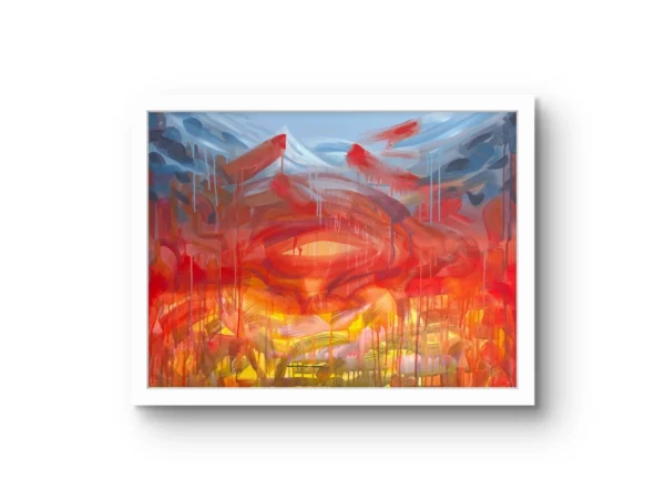 Minab fine art print by Caleb Wassell: red and orange forms with long drips beneath blue-gray peaks, abstract, shown framed.