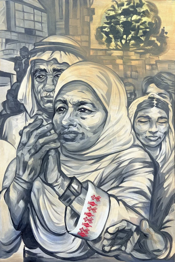 Mother of the Bride, painting by Caleb Wassell and Jana Daoud: an older woman in a white headscarf and embroidered sleeve clapping her hands among family at a Palestinian wedding featuring real tatreez stitching.