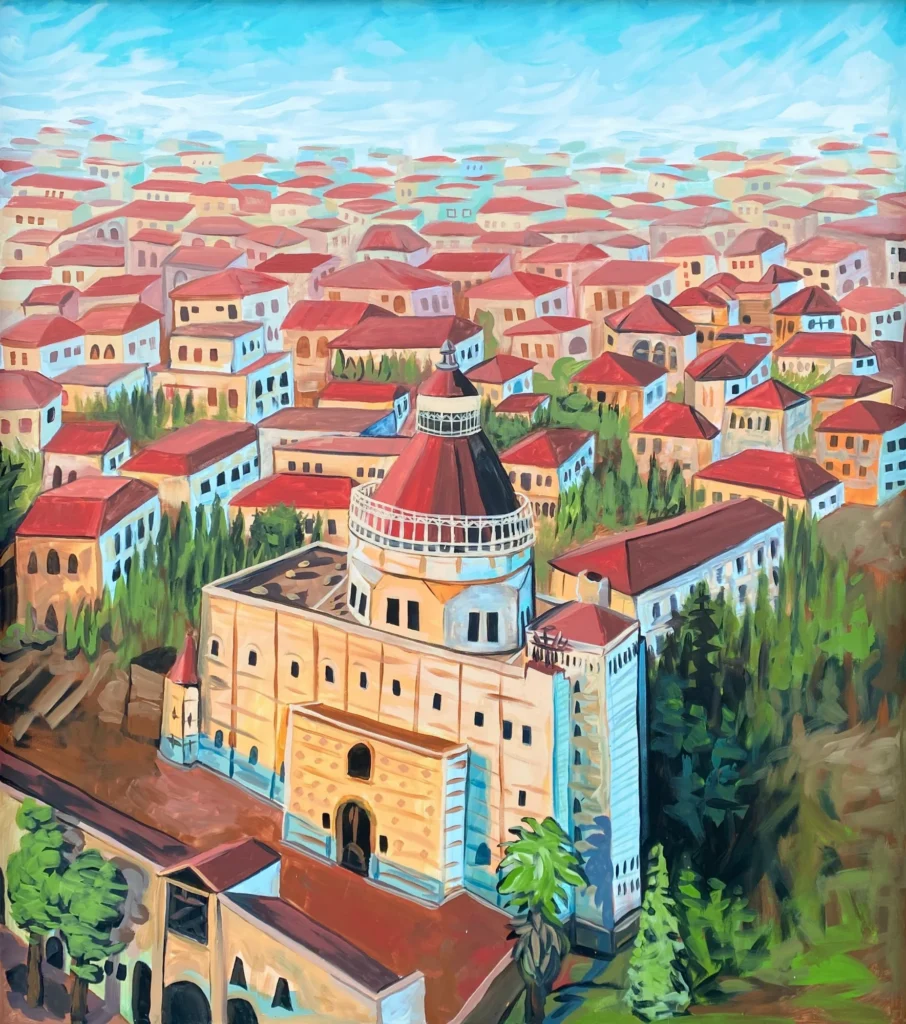 Nazareth, Red Roofs and the Domed Church, mural by Caleb Wassell and Abid Shalabi: a hilltop town of red roofs with a domed church in the foreground.