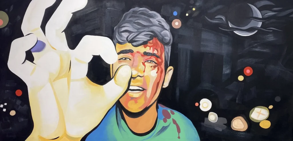 The Whole World Can't Defeat It, painting by Caleb Wassell: a boy from Gaza, Palestine with a bloodied face beside a large hand making an OK sign against a starry sky.