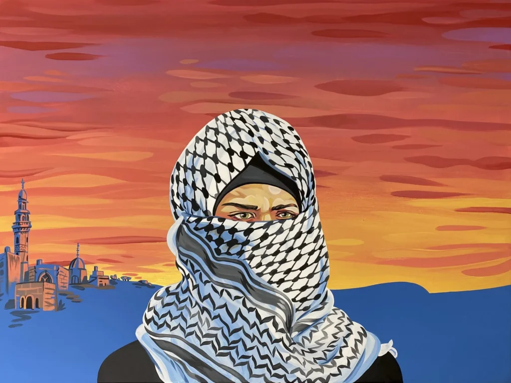 Keffiyeh at Sunset, painting by Caleb Wassell: a figure in a black-and-white keffiyeh before an orange sunset and village skyline with a mosque.