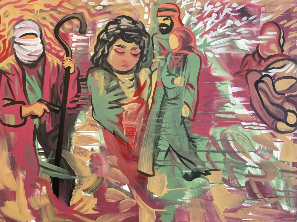 Love & Protection, painting by Caleb Wassell: a Palestinian family with a young child in embroidered dress amid swirling red and green brushwork and a shepherd.