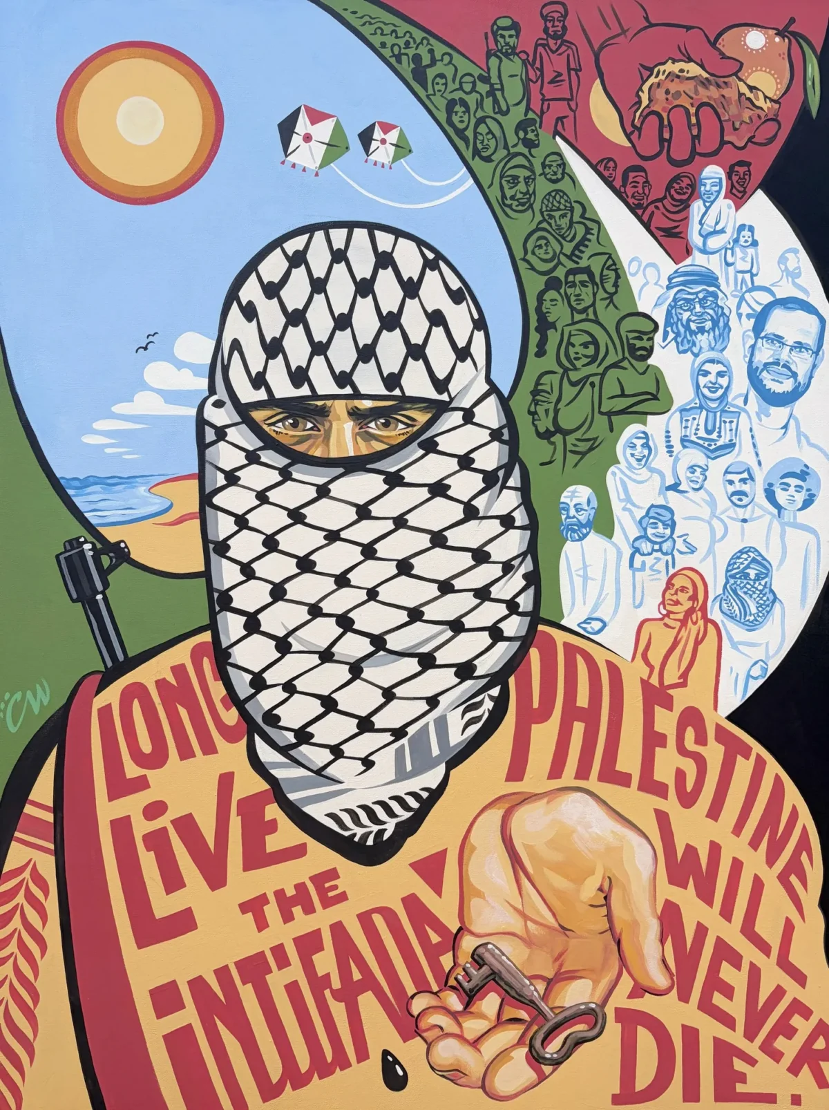 Palestine Will Never Die, painting by Caleb Wassell: a masked figure in a keffiyeh holding a key, surrounded by hand-lettered slogans and a Palestinian crowd on the beach with a kite flying and a Yaffa orange.