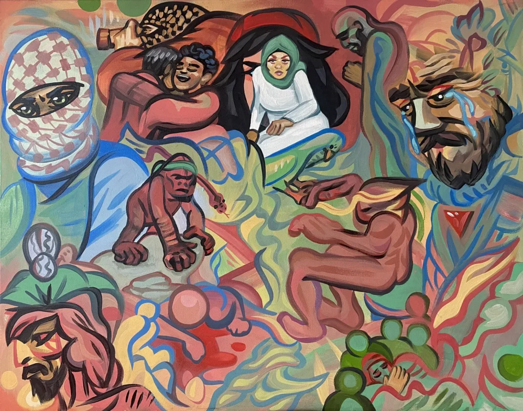 Asymmetric Gorilla Warfare, Masks and Beards, painting by Caleb Wassell: a tangled scene of masked and bearded figures among swirling forms.