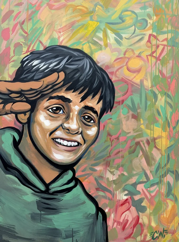 Seeds, painting by Caleb Wassell: a smiling boy in a green hoodie giving a salute.
