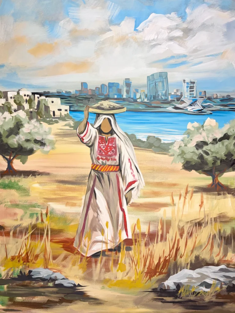 Palestinian Woman of the Olive Grove, Milwaukee, painting by Caleb Wassell and Abid Shalabi: a woman in an embroidered thobe carries a basket on her head through olive trees in Palestine, with the Milwaukee skyline and Lake Michigan behind her.