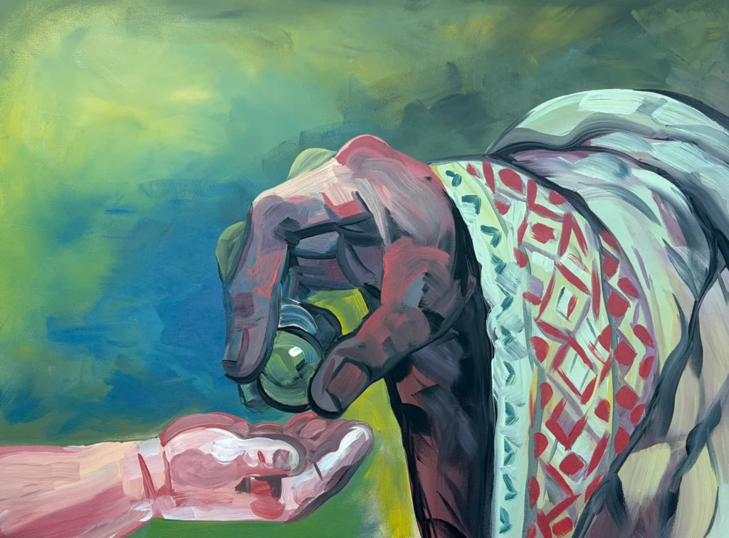 Passing the Olive, painting by Caleb Wassell: a weathered hand in an embroidered thobe sleeve passes a green olive into a small child's open palm against a green and blue sky.