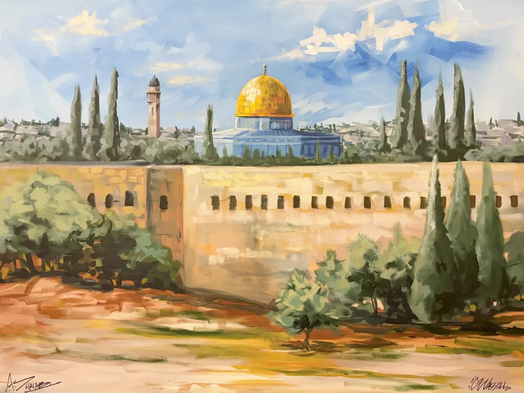 Quds Scene, painting by Caleb Wassell and Abid Shalabi: Jerusalem's Old City wall and the Dome of the Rock among cypress trees in Palestine.