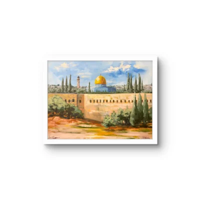 Quds Scene fine art print by Caleb Wassell and Abid Shalabi: Jerusalem’s Old City wall and the Dome of the Rock among cypress trees in Palestine, shown framed.