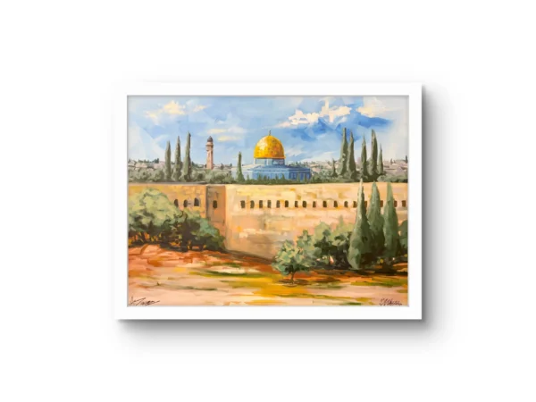 Quds Scene fine art print by Caleb Wassell and Abid Shalabi: Jerusalem’s Old City wall and the Dome of the Rock among cypress trees in Palestine, shown framed.