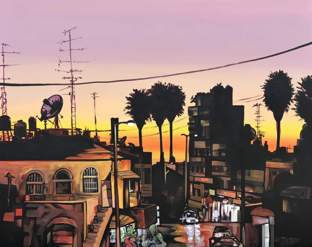 Ramallah, Maghrib, painting by Caleb Wassell: rooftops, palm trees, and satellite dishes silhouetted against an orange evening sky in Palestine
