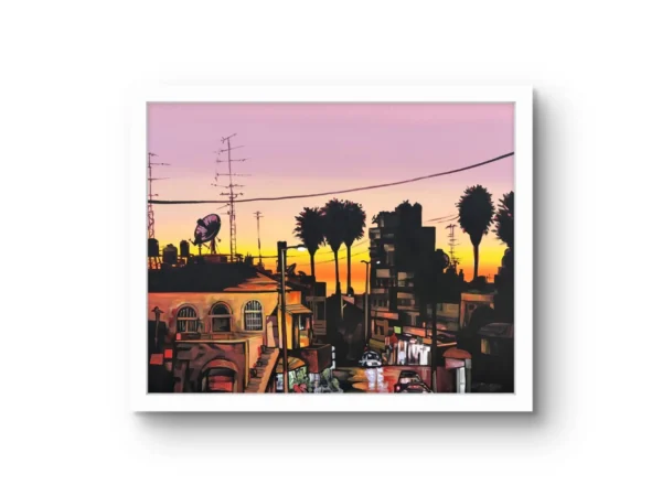 Ramallah, Maghrib fine art print by Caleb Wassell: rooftops, palm trees and satellite dishes silhouetted against an evening sky in Palestine, shown framed.