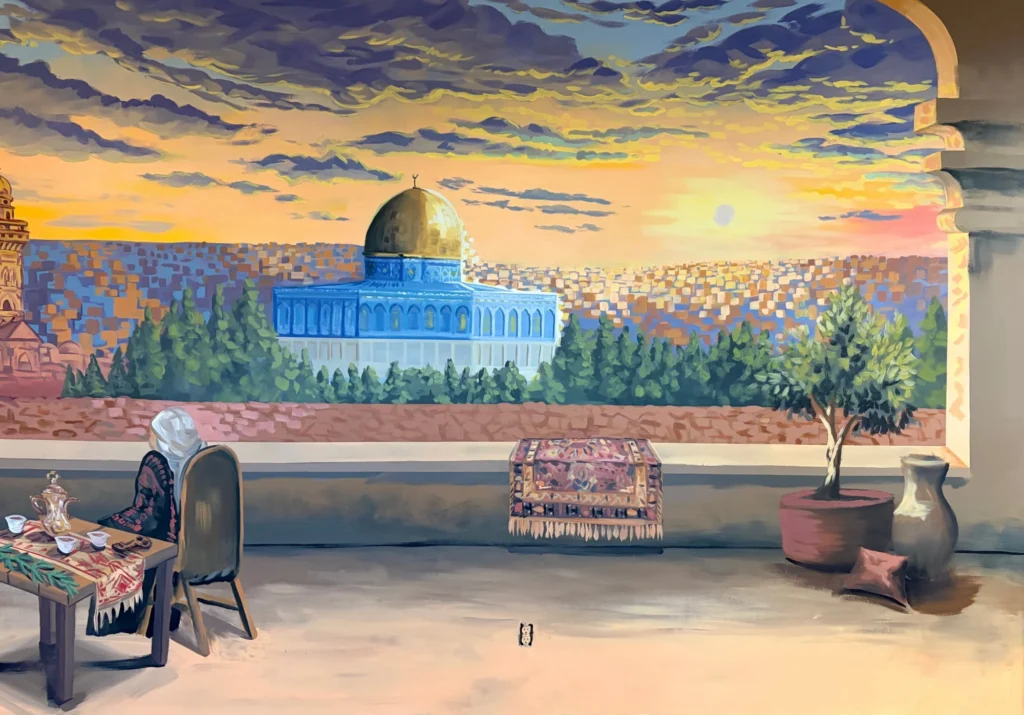 Rooftop over Jerusalem, The Dome, mural by Caleb Wassell: a woman in an embroidered thobe sits at a coffee table on an arched rooftop terrace facing the Dome of the Rock and Jerusalem at sunset.