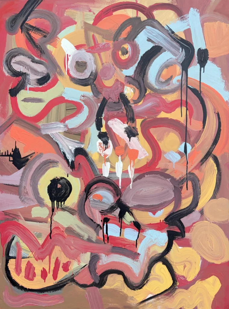 Rose Tangle, painting by Caleb Wassell: tangled loops of rose, mauve, ochre and pale blue with black drips and outlines, abstract.