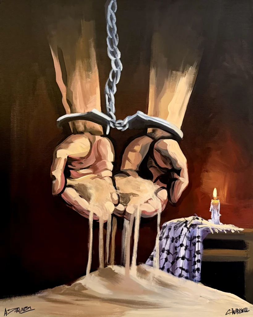 Sand Through Chained Hands, painting by Caleb Wassell and Abid Shalabi: handcuffed hands hanging from a chain let sand pour through their fingers beside a keffiyeh and a lit candle.