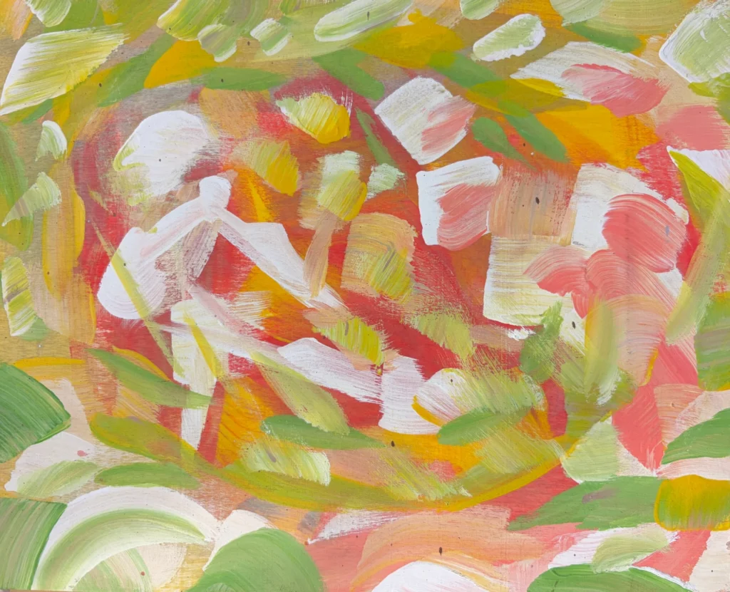Spring Bloom, painting by Caleb Wassell: loose strokes of lime green, coral pink, yellow and white swirling around a warm red center, abstract.