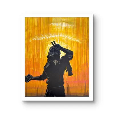 Stone Thrower fine art print by Caleb Wassell: a masked young figure flashing a peace sign and holding a stone against dripping gold and orange, shown framed.