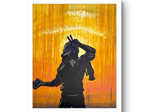 Stone Thrower fine art print by Caleb Wassell: a masked young figure flashing a peace sign and holding a stone against dripping gold and orange, shown framed.