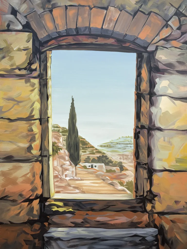 Stone Window, painting by Caleb Wassell: a stone window opening onto a cypress tree and a path through the hills in rural Palestine