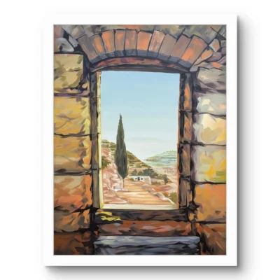 Stone Window fine art print by Caleb Wassell: a stone arched window opening onto a cypress tree and a path through the hills in rural Palestine, shown framed.