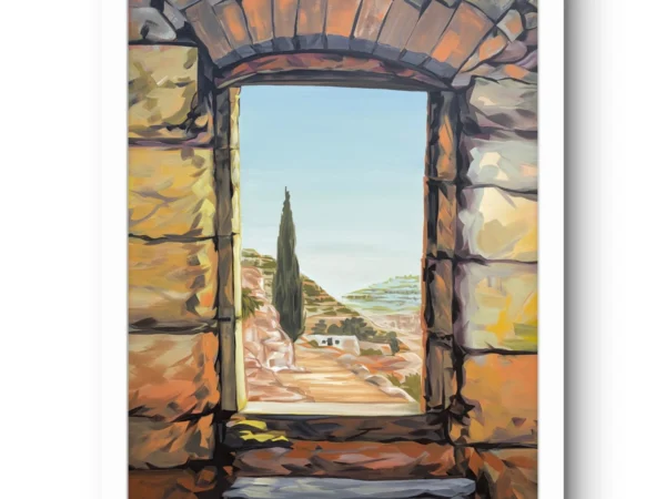 Stone Window fine art print by Caleb Wassell: a stone arched window opening onto a cypress tree and a path through the hills in rural Palestine, shown framed.