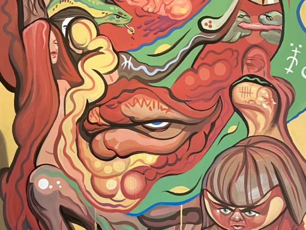 Hot New Death Spiral Hot New Death Spiral, painting by Caleb Wassell: a surreal tangle of distorted faces around a person with bangs.