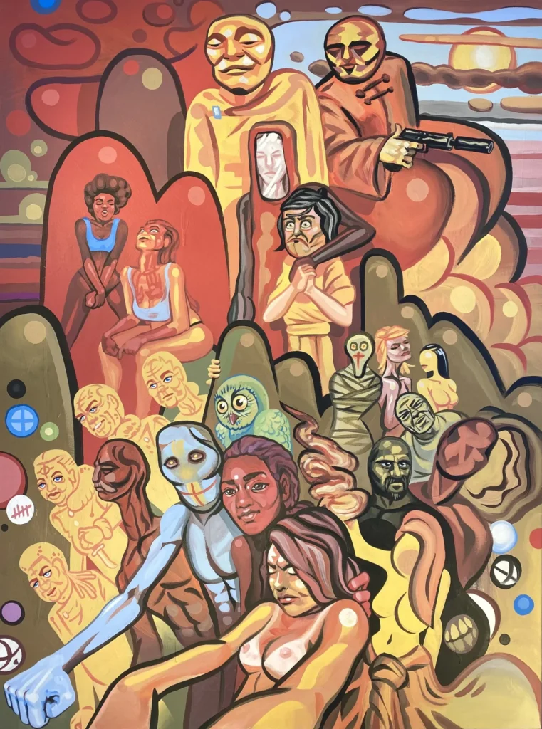 First 48, Under the Carved Heads, painting by Caleb Wassell: a crowd of stylized figures, some nude, beneath looming carved character heads.