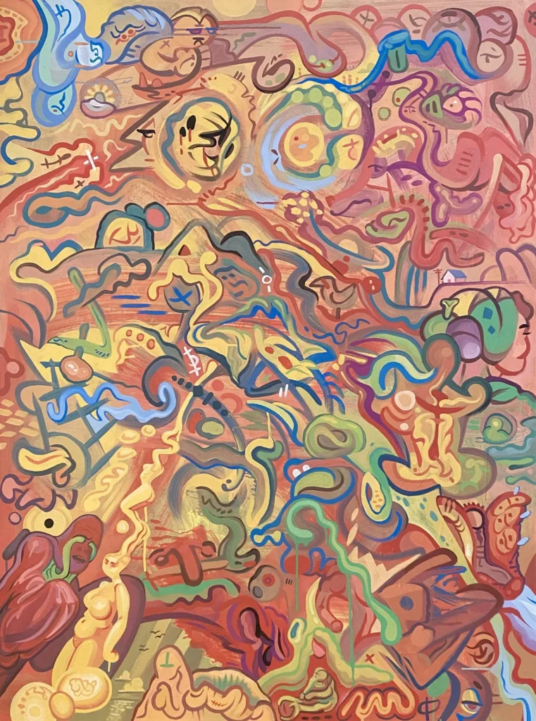 Life as a Strange Bird, A Thousand Faces, painting by Caleb Wassell: a dense field of tiny faces and squiggling lines in warm colors.
