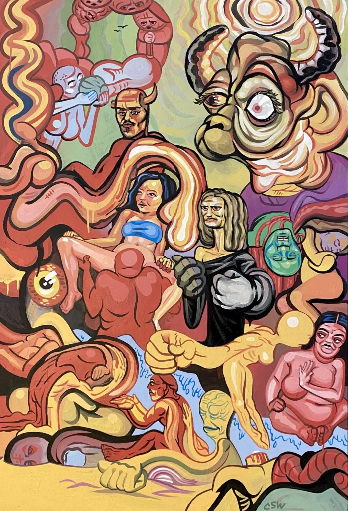 Dawn of Time, The Horned Head, painting by Caleb Wassell: a surreal pile of figures and faces with a horned head, in warm tones.
